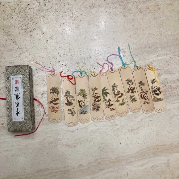 Vintage Other - Vintage Chinese 9 Wood Bookmarks With Panda Designs and Fabric Covered Box